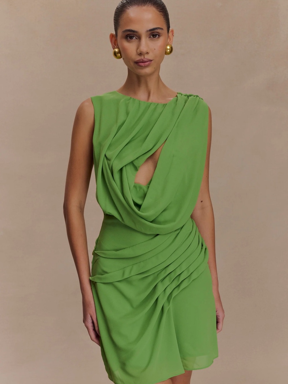 Meshki Oria Chiffon Green Draped Mini Dress